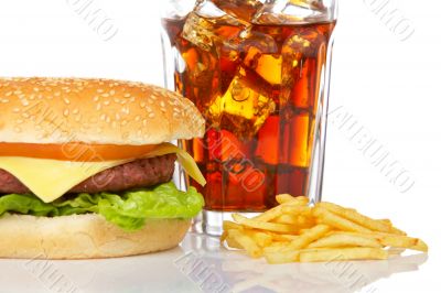 Cheeseburger, soda and french fries