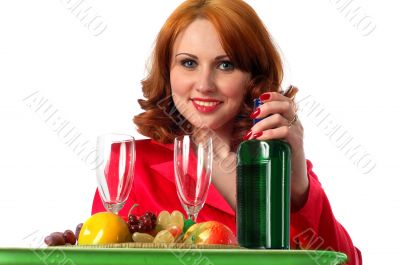 woman with fruits and some wine