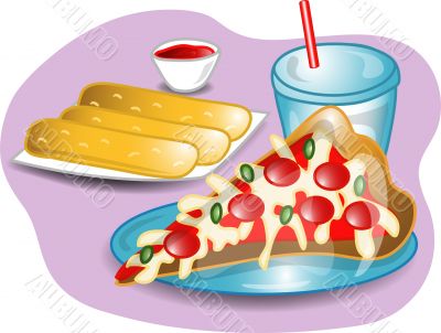 Illustration of a complete pizza lunch