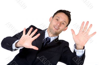 business man with hands on screen