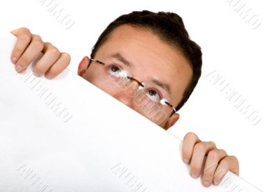 business man holding a white card