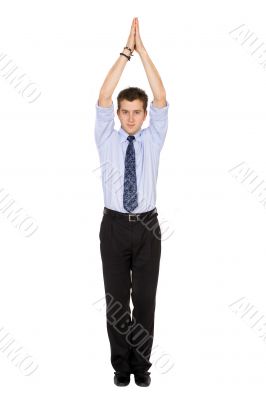 business man pointing up with his hands