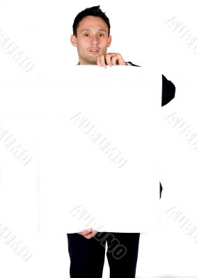 serious business man holding a banner