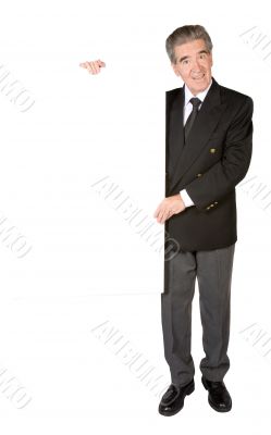 business man holding a white banner