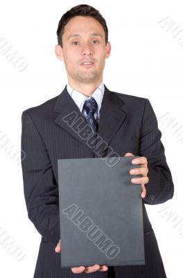 business man holding a book