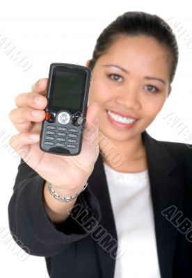 asian business woman showing mobile phone