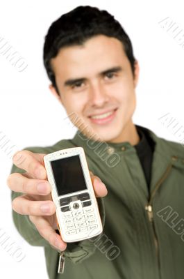 casual guy showing his phone