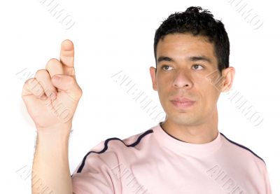 casual man pointing at screen