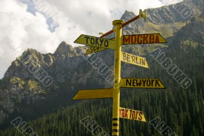 Signpost from metal. A rose of winds.