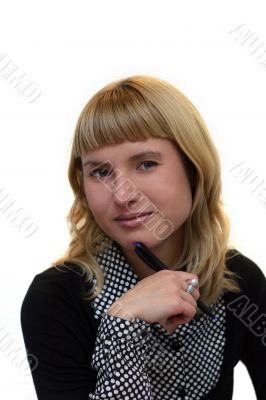 young woman with pen in office