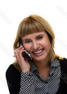 young woman with mobile phone is smiling in office