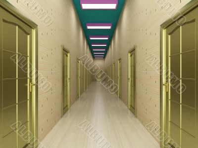 Corridor with a number of doors. 3D image.