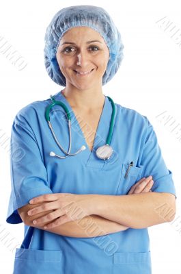 Lady doctor whit  blue overall