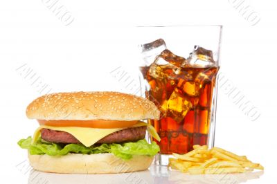Cheeseburger, soda and french fries