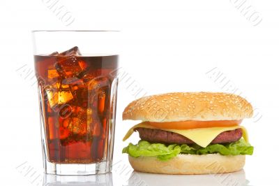 Cheeseburger and soda glass