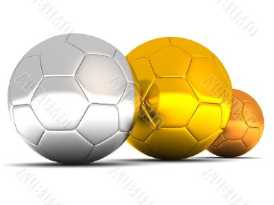silver, gold and bronze soccer balls