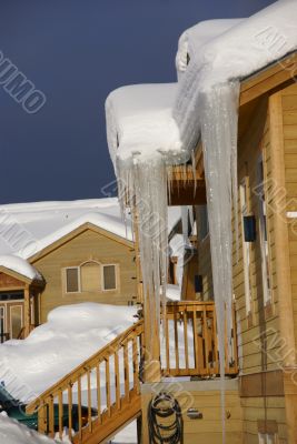 Large icicles on Townhouses after heavy snowstorm