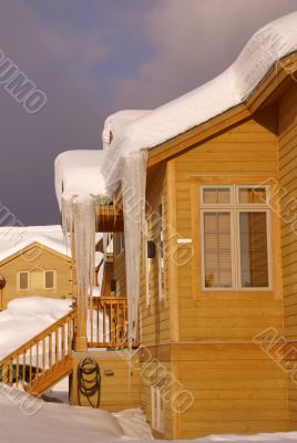 Large icicles on Townhouses after heavy snowstorm