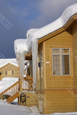 Large icicles on Townhouses after heavy snowstorm