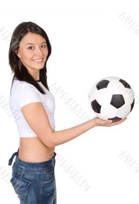 girl holding a soccer ball