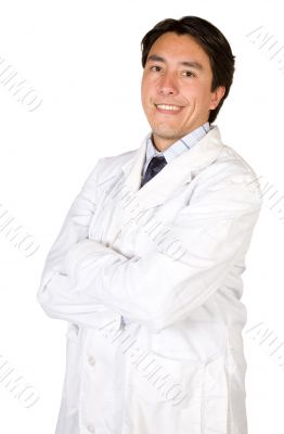 smiling male doctor on white