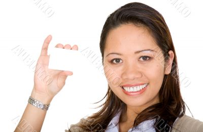 asian business woman holding a business card