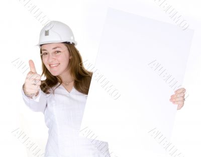 female architect holding a white card with thumbs up