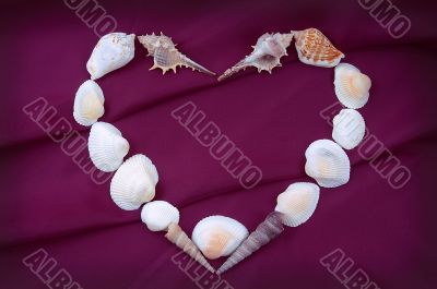 Heart from cockleshells on a claret fabric.