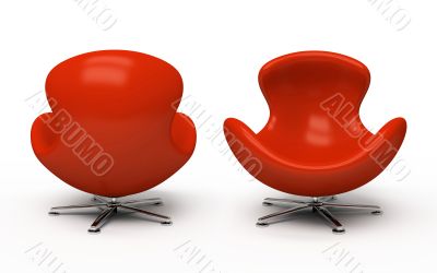 Leather red armchair (front and back view) isolated on white bac