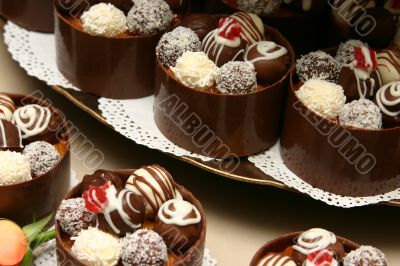 Tower of wedding miniature desserts.