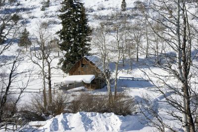 Old western barn in snow with aspens