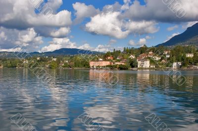 Hotels on coast of lake.