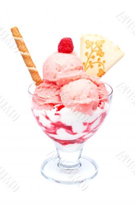 Strawberry ice cream in glass bowl