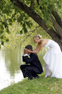 Bride and groom playful in love