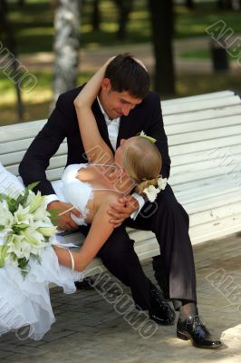 Bride and groom in love romancing
