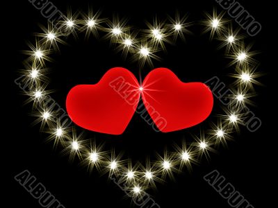 Two 3d red hearts in an environment of stars