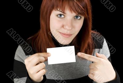 Girl pointing at a blank business card