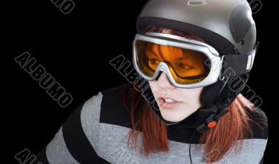 Redhead girl snowboarding