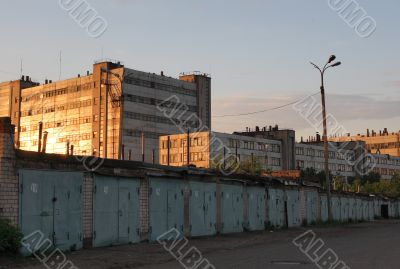 Garages in an industrial zone.