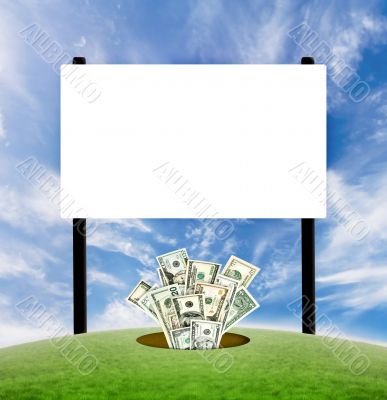 Billboard blank sign with dollars coming from the ground