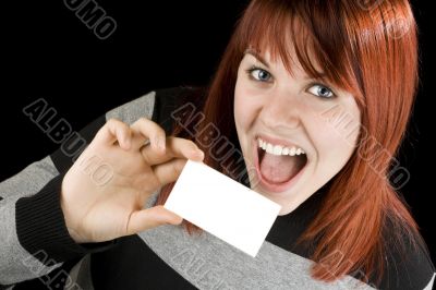 Cute redhead holding blank business card