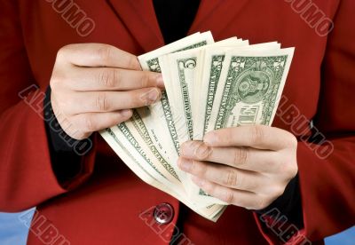 Female hands counting dollar banknotes