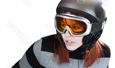 Redhead girl snowboarding