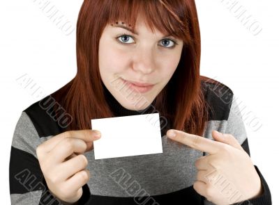 Girl pointing at a blank business card