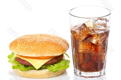 Cheeseburger and soda glass
