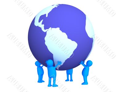 Four stylized persons holding on hands the Earth