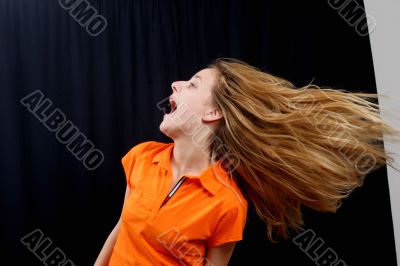 cruing girl with fluing  hair