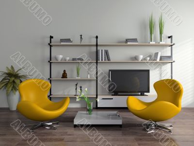 Modern interior with yellow armchairs