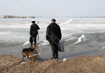 Fishermen enter on ice.