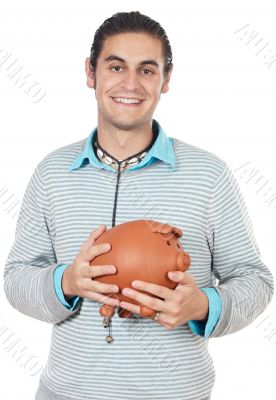 Young man with money box